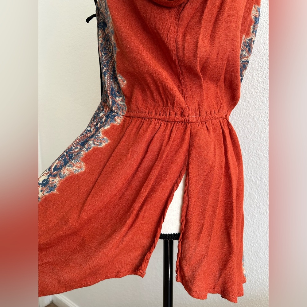 FREE PEOPLE SZ M Slubbed Crinkle Wildest Tunic Persimmon FRONT CRISS CROSS TIE - Picture 7 of 12